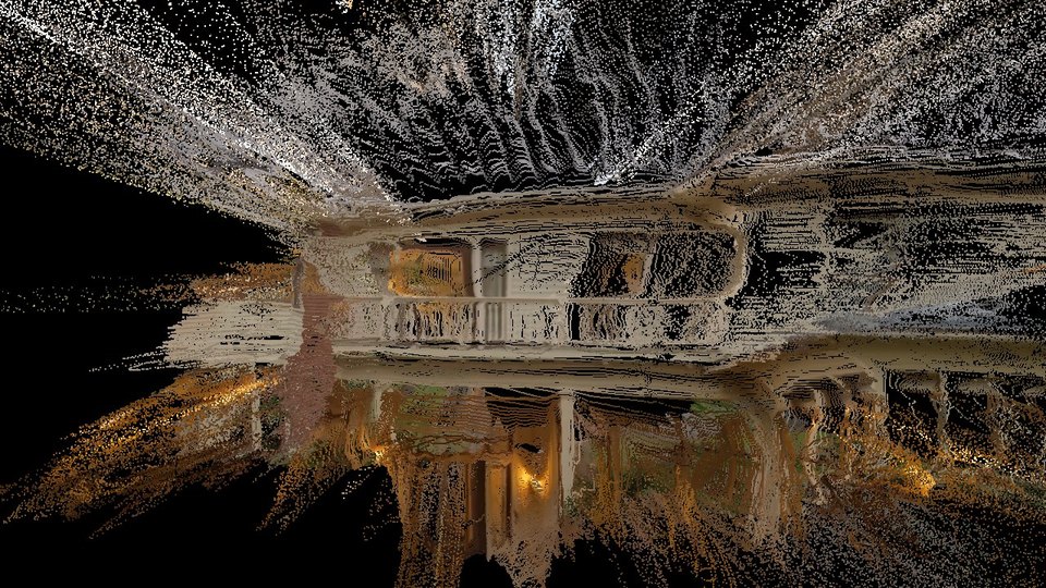 A hundred and eighty degrees of orbit, no facing test: the camera stands behind the house and is shown the front facade through the walls