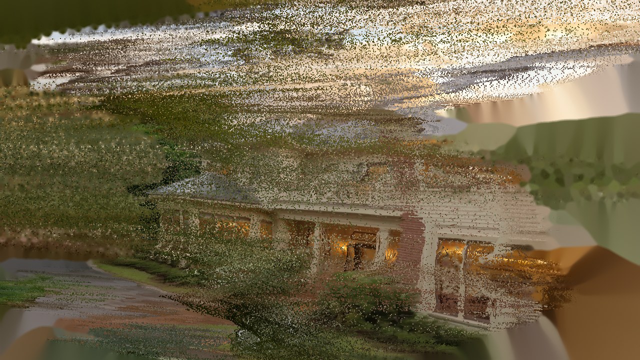 After a single 30 degree warp the house is still legible under heavy speckle