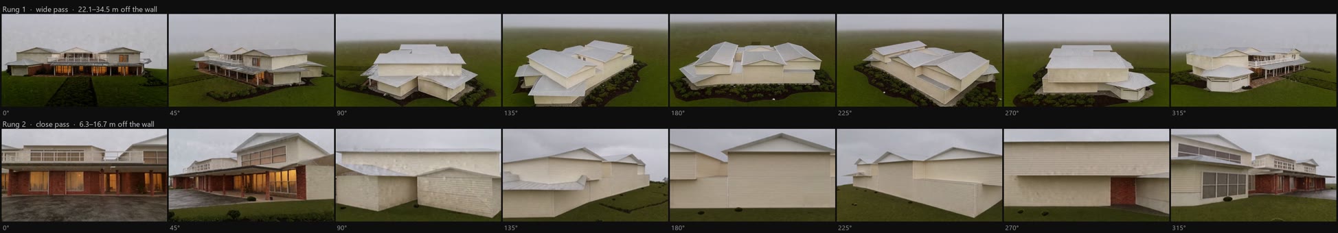 Two rows of eight frames,
    45 degrees apart around the house. In both rows the frames at 0, 45 and 315 degrees show brick, glazing
    and warm interior light; the frames from 90 through 270 degrees show blank cream walls with no windows or
    doors at all.