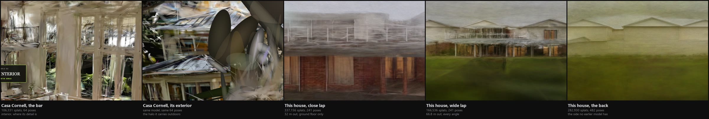 Five cropped panels in a
    row. The first shows a photographic interior with columns, glazing bars and furniture. The second shows
    the same model's exterior, largely obscured by large smeared ellipses. The third shows brick coursing and
    lit windows under a veranda. The fourth shows a whole house with three gables. The fifth shows the rear
    elevation.