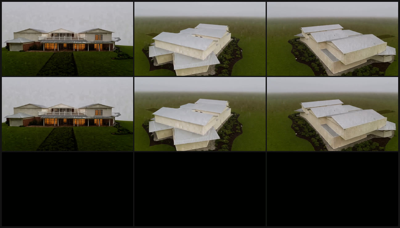 A three by three grid. The top
    two rows show the same three views of a cream house, once per run. The bottom row is solid black.