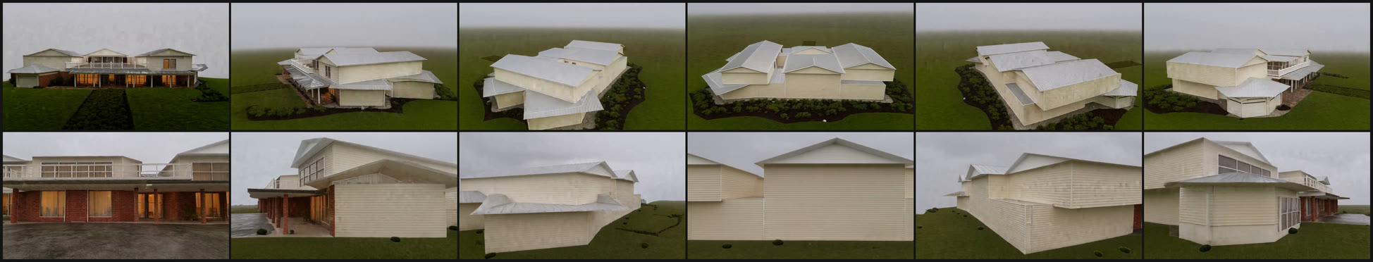 Two rows of six generated
    frames. The top row shows the whole cream house small in frame at six angles; the bottom row shows the
    same six angles from much closer, filling the frame, with visible cladding, glazing and a brick entry.