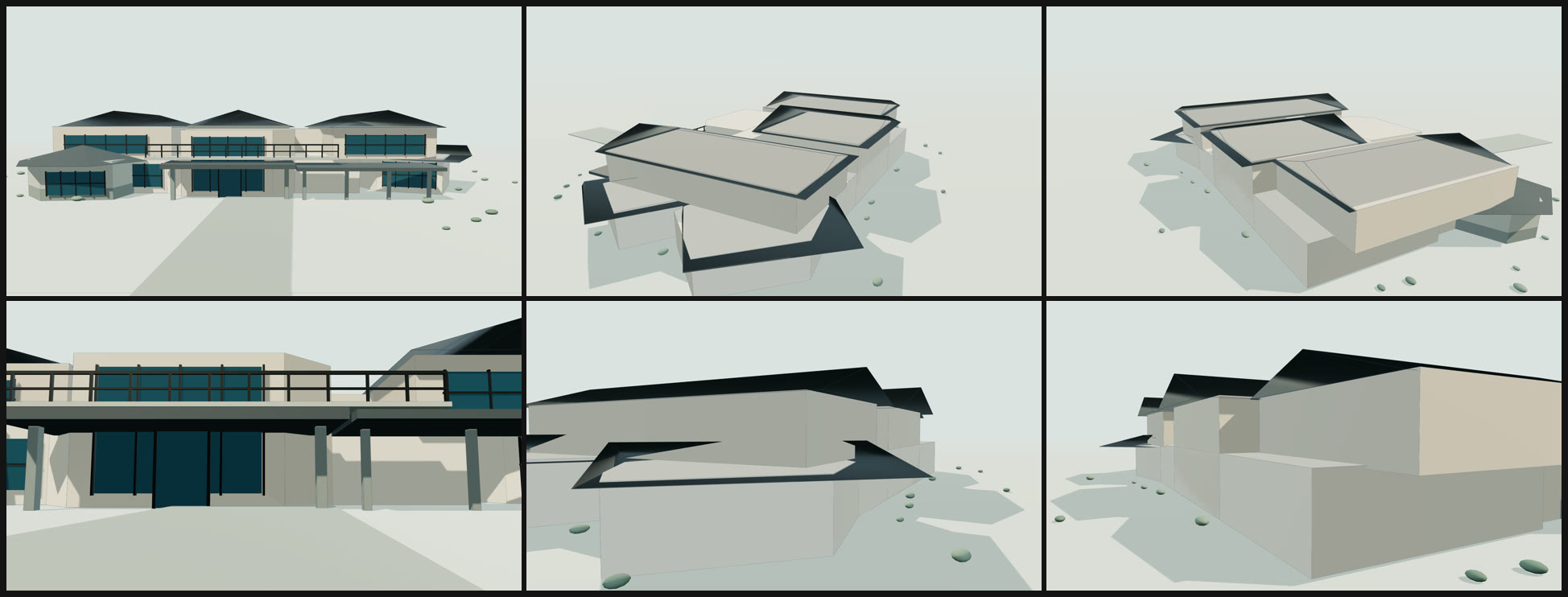 Six grey massing renders in
    two rows of three. The top row shows the whole house small in frame at three angles; the bottom row shows
    the same three angles filling the frame top to bottom, the building extending past both edges.