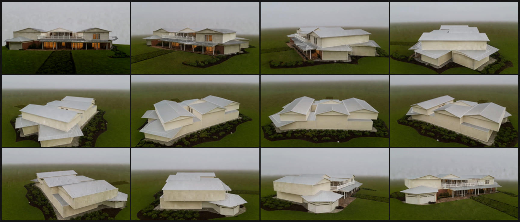 Twelve photorealistic frames
    of the same cream house arranged in a four by three grid, each thirty degrees further around it.