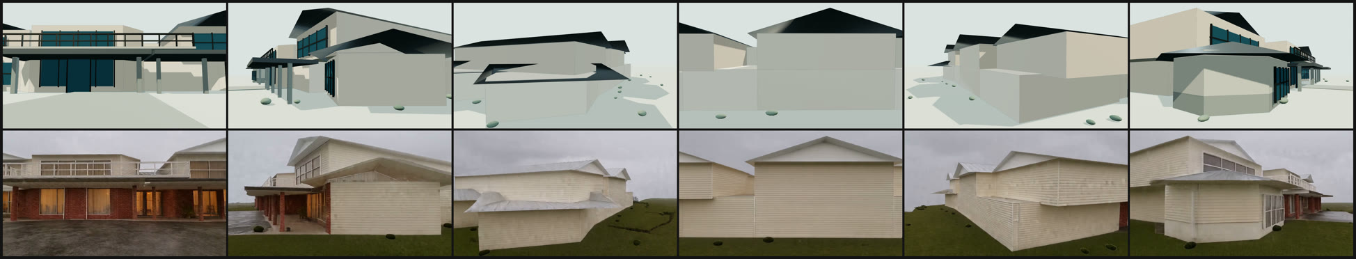 Two rows of six frames.
    The top row is the flat-shaded massing render seen close up at six angles around the house, cream walls
    with dark roof planes and dark blue glazing; the bottom row is the generated photorealistic result at the
    same six angles, carrying the same roof planes, the same columned entry, the same stepped wing and the
    same blank rear gable.