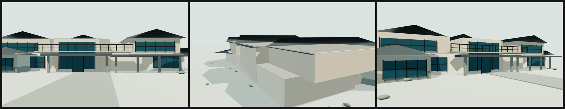 Three grey massing frames
    side by side, each showing the house running off both edges of the frame with its ends cut away.