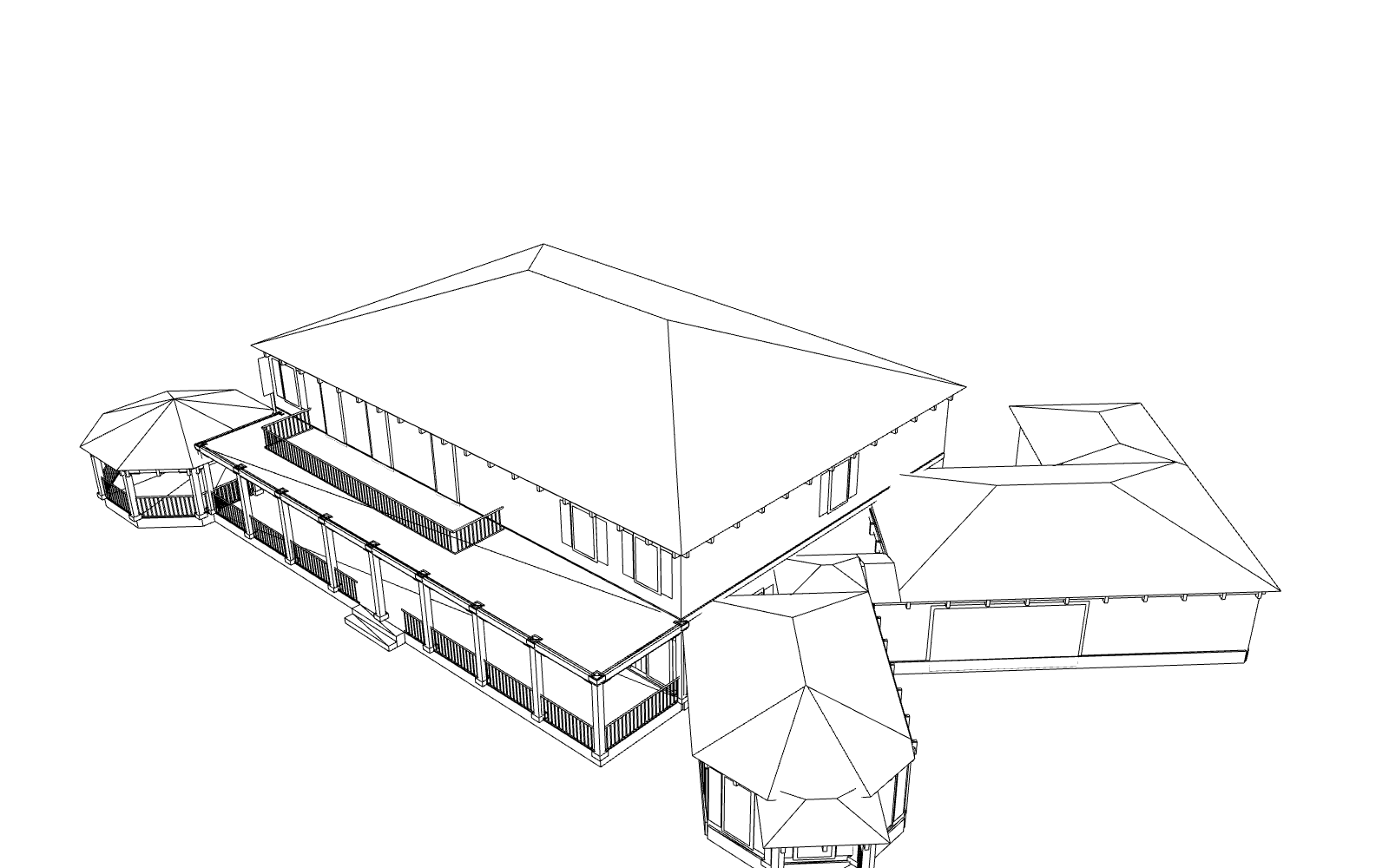 The same view as a white sheet with black line
      drawing: every face boundary of the model, hidden lines removed, including each window and door opening.
