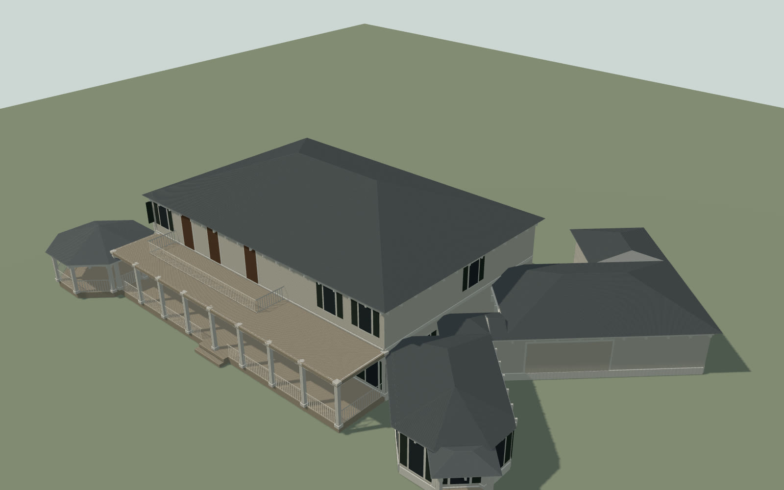 A shaded gray solid model of the house seen
      from above and to the south east: main block with a hipped roof, a two storey porch along the south face,
      an octagonal gazebo at the west end and a diagonal wing running off to the south east.