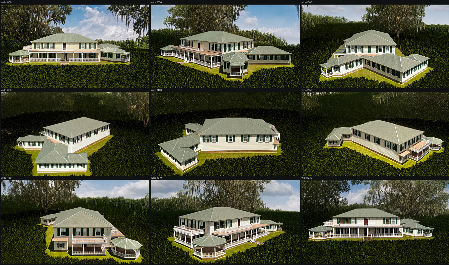 A contact sheet of nine frames sampled evenly around the
    wide orbit, showing the same house from nine bearings. The house is consistent; the background is sky and
    live oaks in some frames and a dark hedge in others.