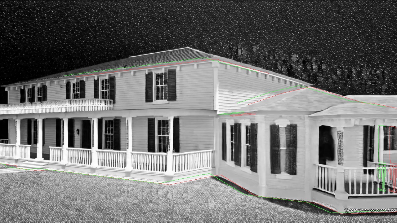 Facade frame 24 in gray with the depth
      control's edges drawn twice, red where the control puts them and green where the search prefers. The two
      are close along the porch and the grade and separate along the eave.