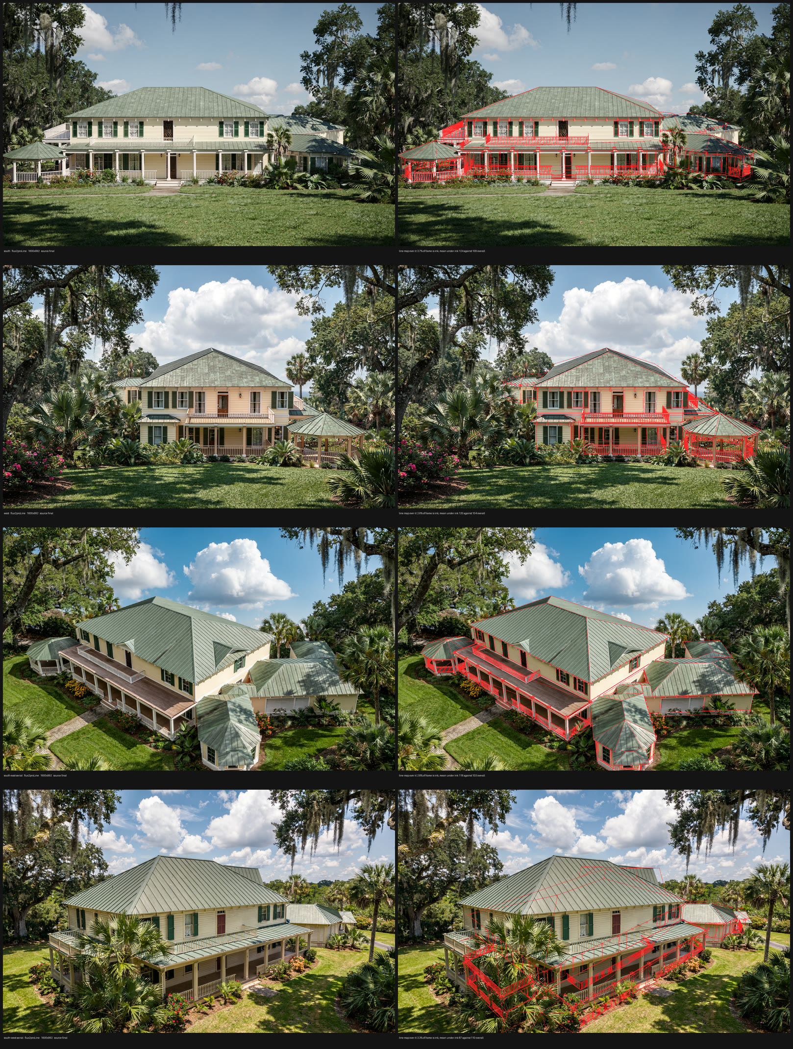 Four rows, one per view. In each row
    the photograph on the left and the same photograph on the right with the line map painted over it in red.
    The red lines follow the ridge, the eaves, the porch posts and the window openings in the photograph.