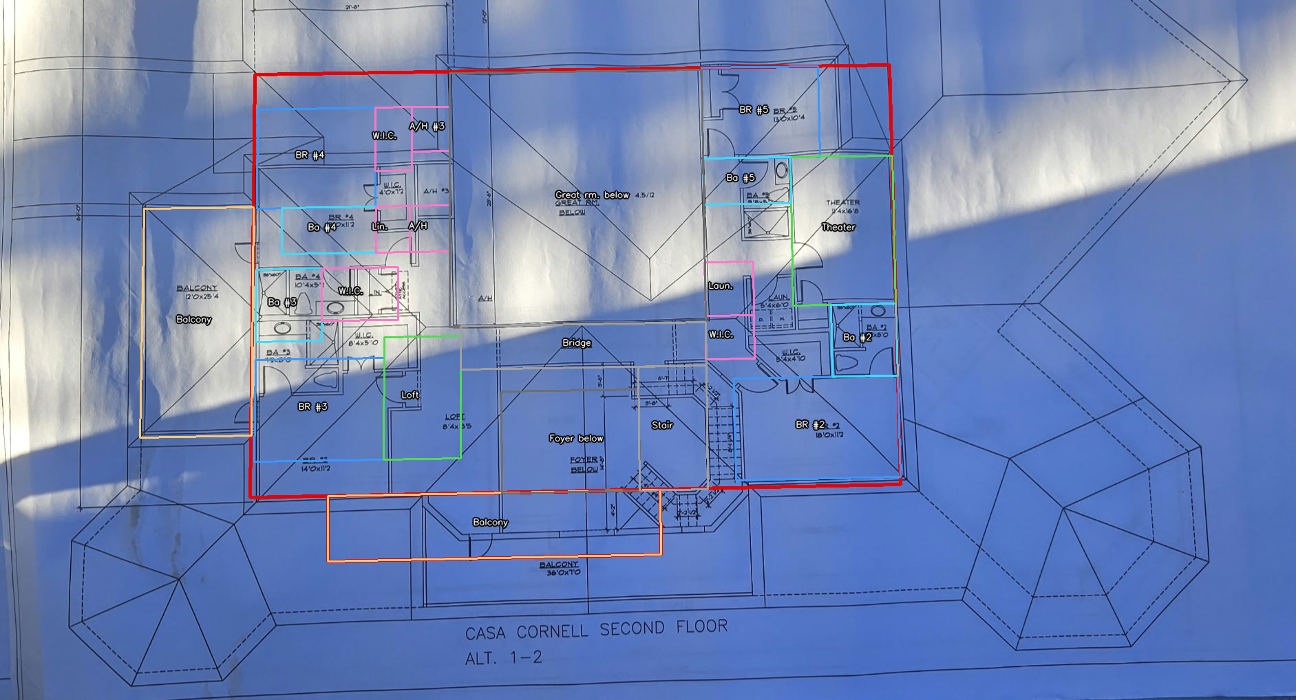 The photographed second floor plan
    with the retraced upper rooms drawn over it in colored outline and labeled: bedrooms 2 to 5, baths 2 to 5,
    walk-in closets, laundry, theater, loft, stair, bridge and three balconies. The red footprint outline sits on
    the printed outer wall. Most outlines sit on the rooms they name; the theater, the loft and the two east
    baths sit up and left of theirs by a few feet.