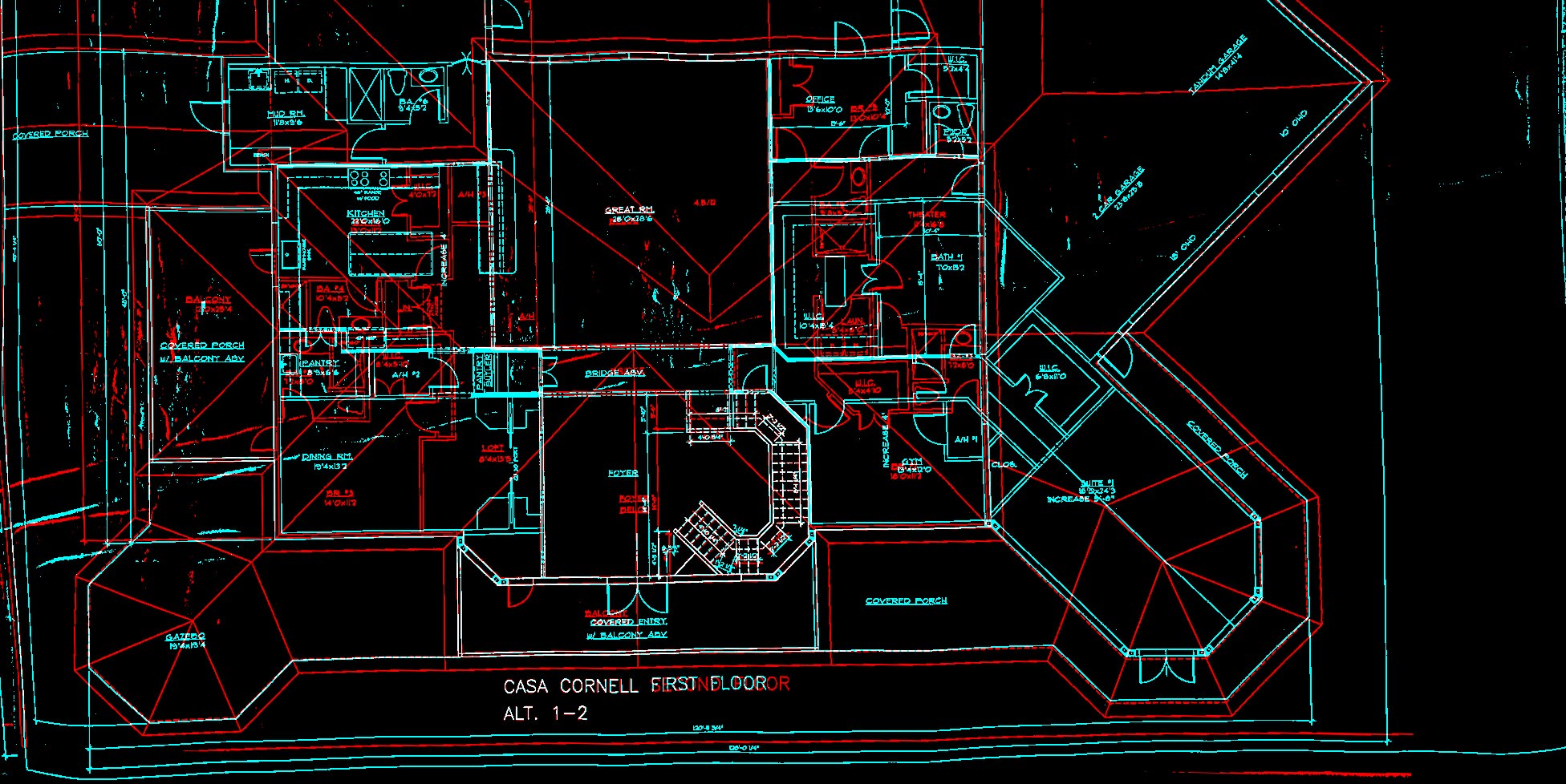 The two plan sheets overlaid after the
    solved transform, the first floor in cyan and the second in red on black. The outer walls, the gazebo
    octagon, the angled garage wing, the covered porches and the two overall dimension lines along the bottom
    appear white where both colors fall on the same line. The title block words overprint letter for letter.