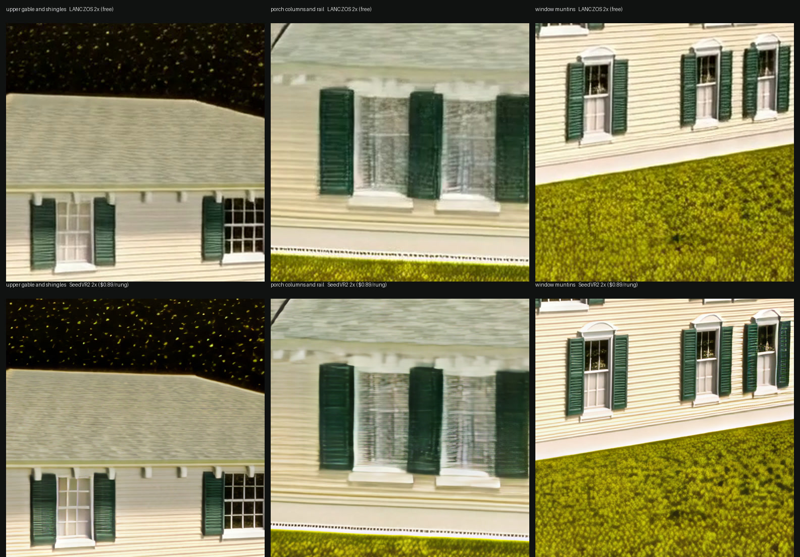 Three crops of facade frame 96 at 2560 by 1440, in
    columns. LANCZOS along the top row, SeedVR2 underneath. The shingles, muntins and porch balustrade carry
    visible separation on the bottom row and none on the top.